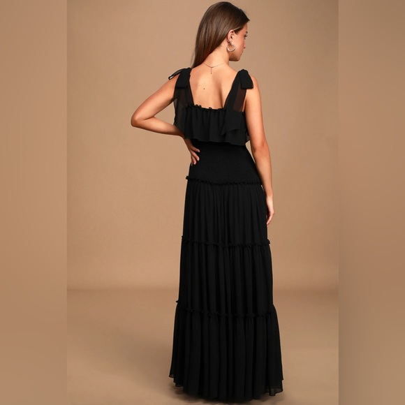 Lulus Like a Fairy Tale Black Maxi Dress M Smocked Tiered Tie Strap Boho Formal - Picture 2 of 10